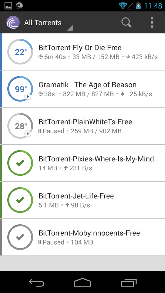 List of complete and active torrent downloads in BitTorrent Android